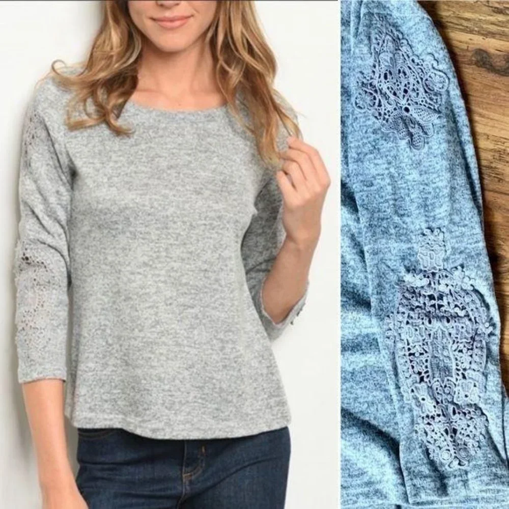 Angela Fashion Grey Scoop Neck Embroidered Arm Knit Top Large